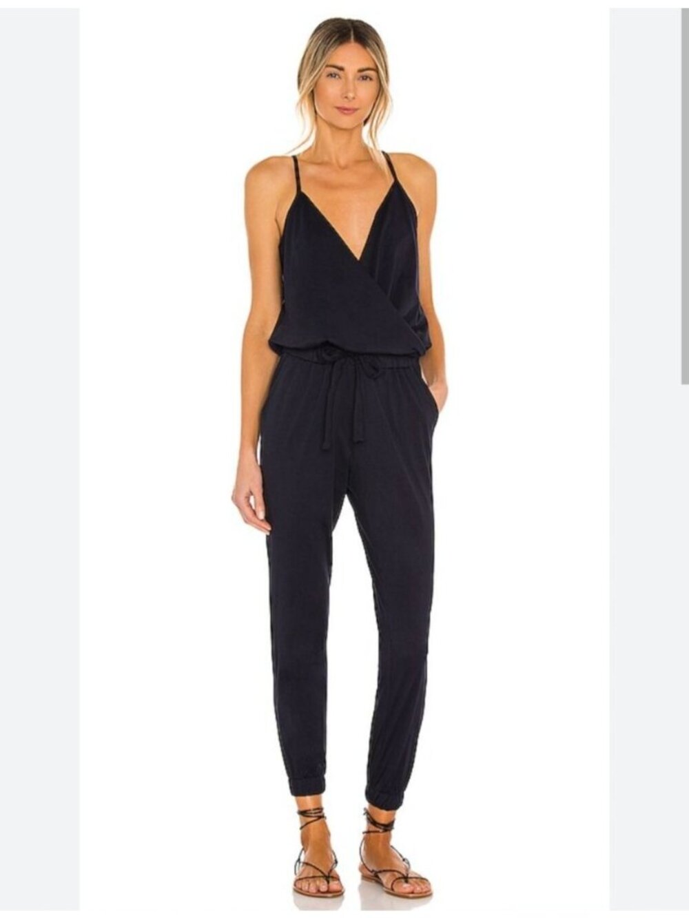 Bobi Supreme Jersey Tied Waist V Neck Jumpsuit Black Athleisure Cozy Vaca EUC